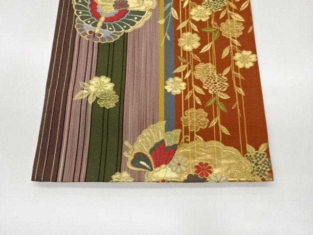  縞に雪輪・蝶・花々模様織出し袋帯